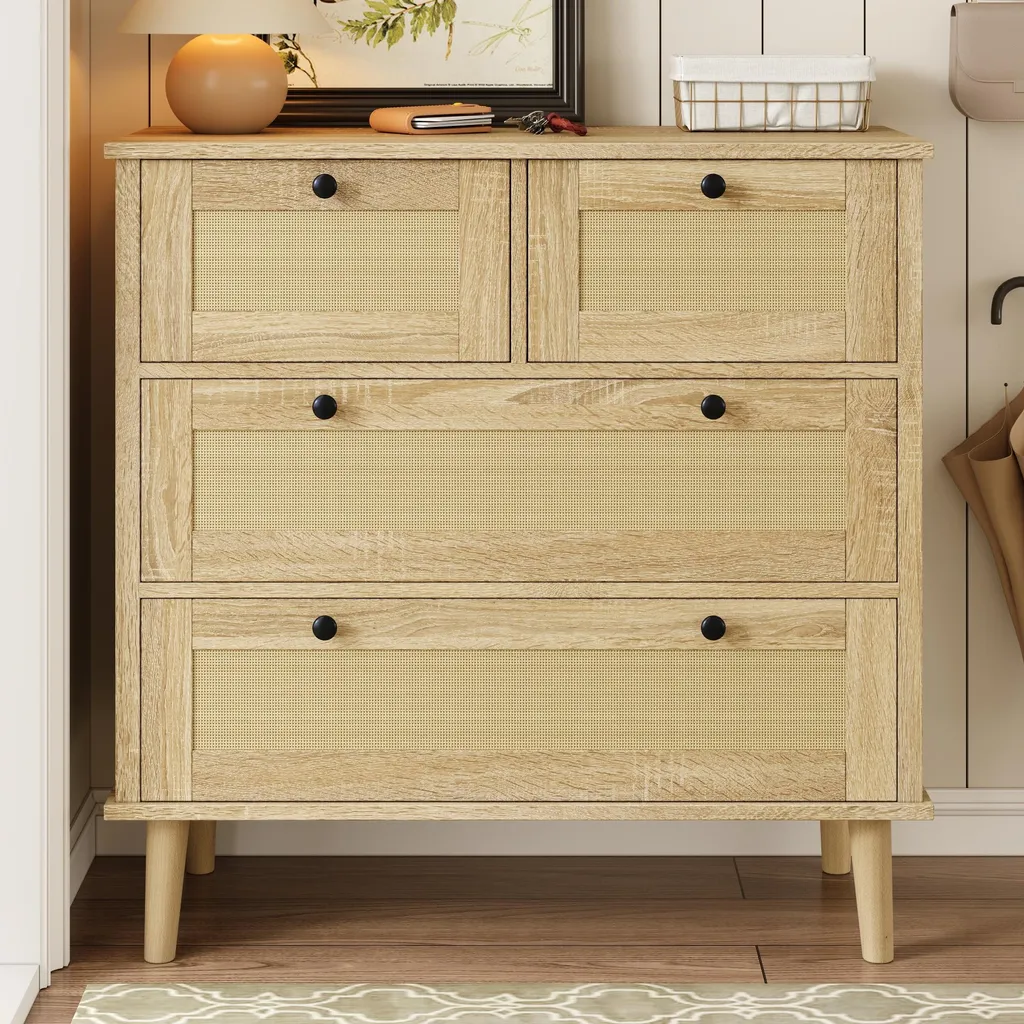 Armoire de rangement 4 tiroirs en rotin et bois massif pour chambre