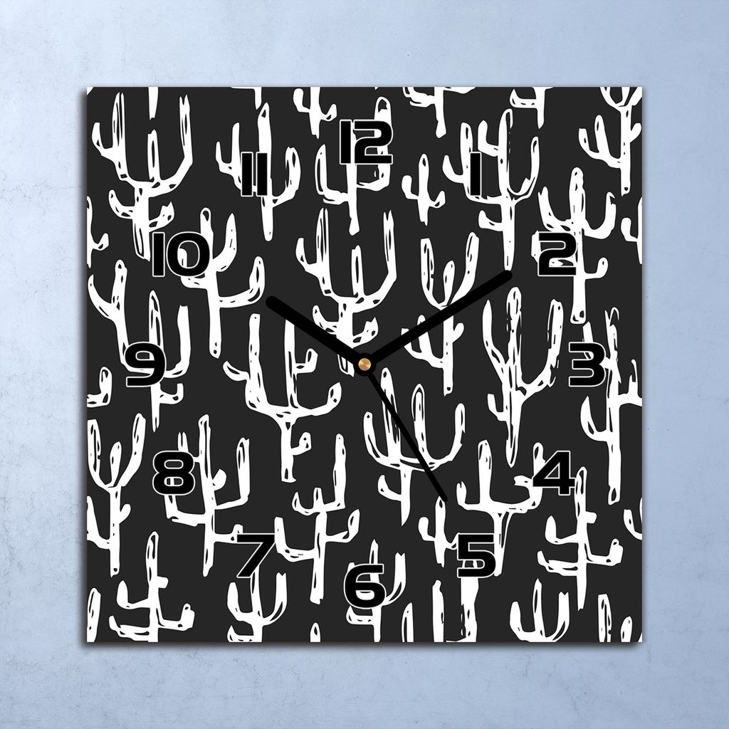 Wanduhr Echt-Glas-Küchenuhr Bemalte Kakteen Quarz Lautlos 30x30 Deko Bilder