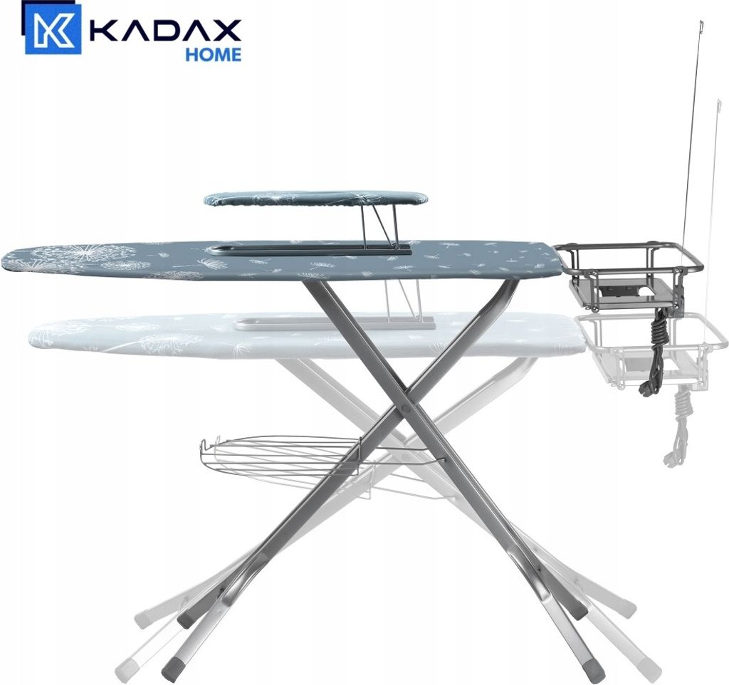 KADAX Klappbares Bügelbrett Aus Aluminium – 120x42 Cm, Mit Bügeleisenablage, Kabelhalterung & Steckdose (dunkelblau)