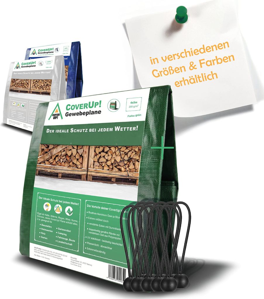 CoverUp! Abdeckplane Wasserdicht (4x5m), 200g/m² Gewebeplane mit ösen - Plane Wasserdicht mit Verstärkte Gummiecken - UV-Schutz für Gartenplane...