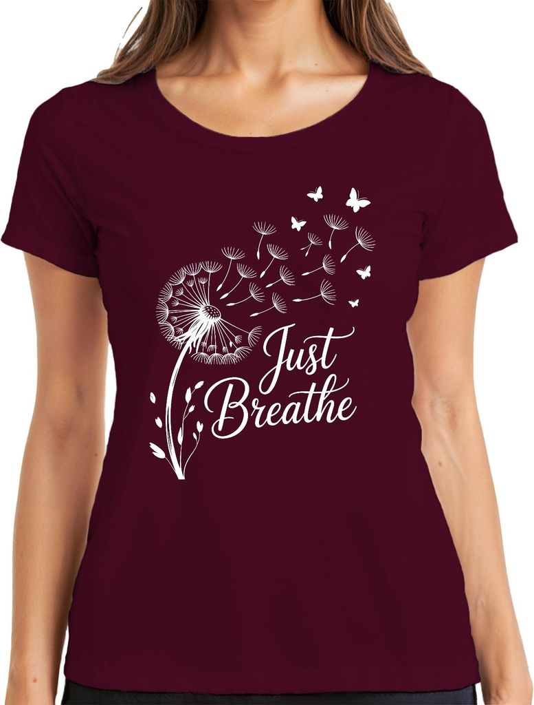 Just Breathe Pusteblume Schmetterling Achtsamkeit Yoga Meditation Damen T-Shirt, Burgundy, L