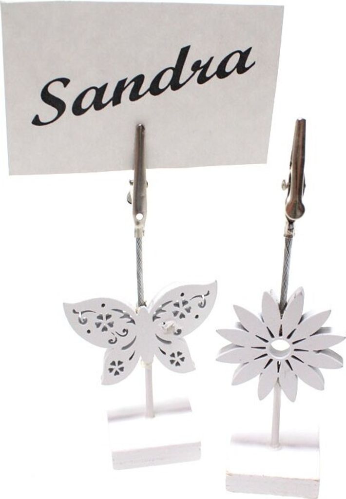 4 Tischkartenhalter Holz weiß Blume Blüte H11cm Metallklammer Platzkarte Gäste, Ausf:Blume