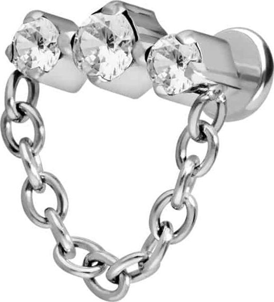 Ohrpiercing, Nasenpiercing Titan Labret mit Push Fit 3 EINGEFASSTE KRISTALLE + KETTE Silber Stablänge: 7mm | Stabstärke: 1mm