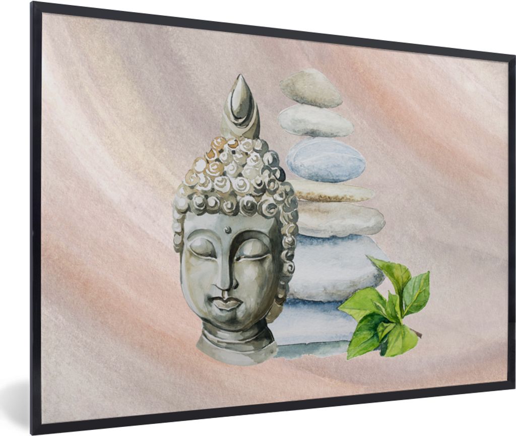 MuchoWow MuchoWow Gerahmtes Poster Buddha - Kopf - Fels 90x60 cm - Poster mit zchwarzem Bilderrahmen - Fotorahmen - Foto-Plakat