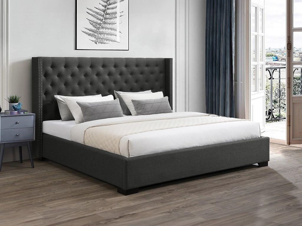 Bett 200 x 200 cm mit gestepptem Kopfteil - Stoff - Grau - MASSIMO