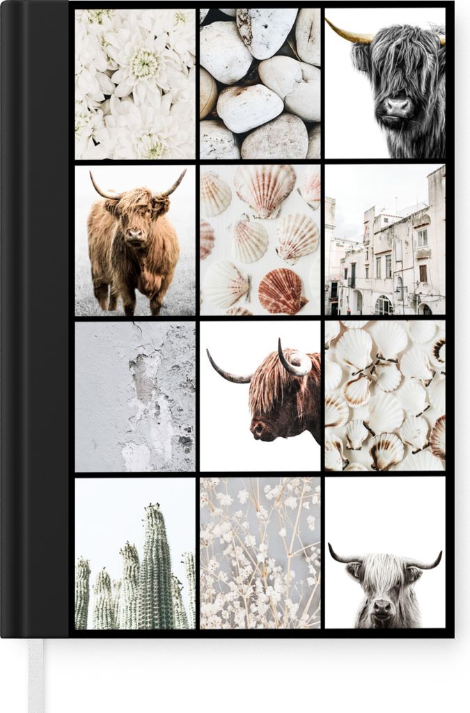MuchoWow Notizbuch Tagebuch Haushaltsbuch Notebook A5 Schottischer Highlander - Collage - Blumen - Muscheln - Notizblock - Notizheft - Notebook -...