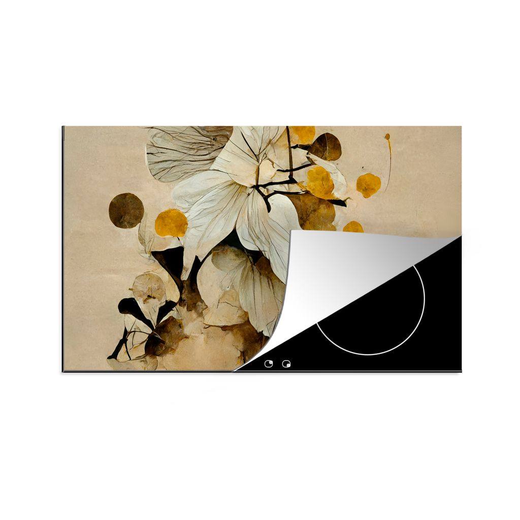 KitchenYeah Herdabdeckplatte Blumen - Pflanzen - Gold - Vintage , 85x52cm, Küche Deko, Glaskeramikfeld Herdabdeckung, Abdeckplatte fùr Kochfeld