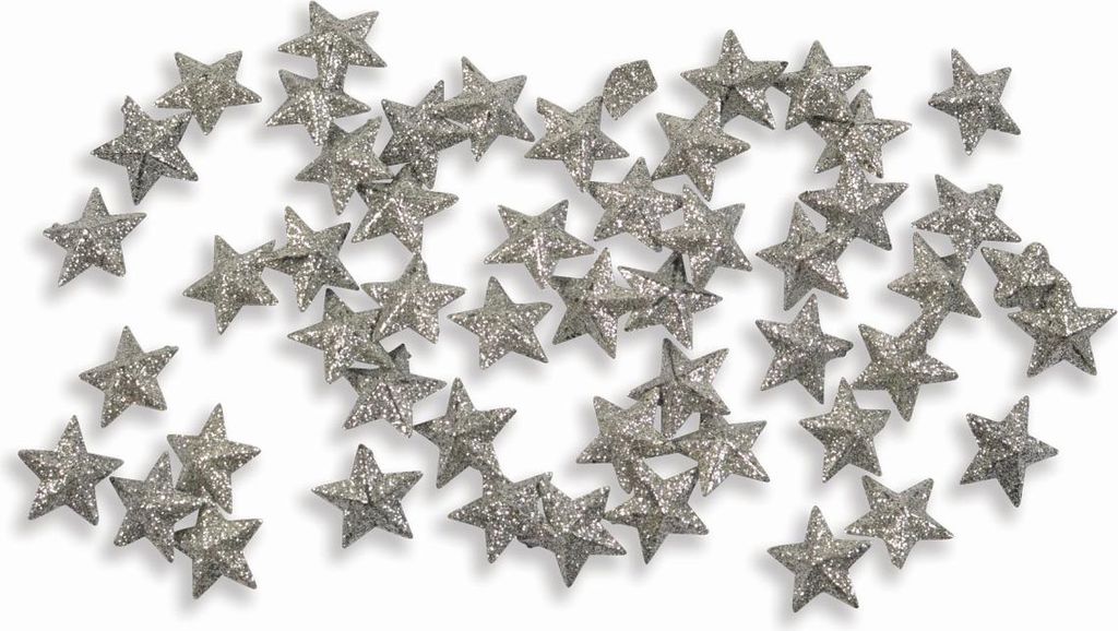 A scattering of small, glittery star-shaped confetti pieces on a white background.