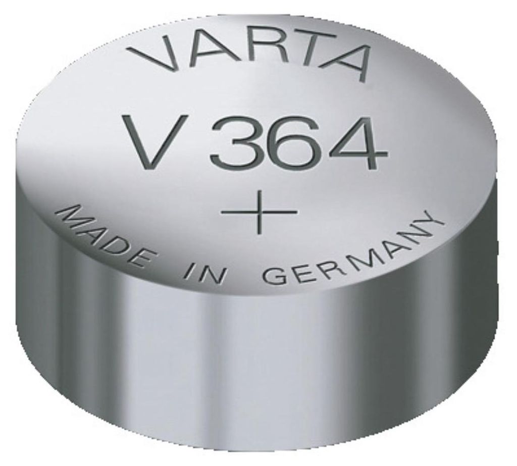A close-up, studio shot of a VARTA V364 silver-oxide watch battery.