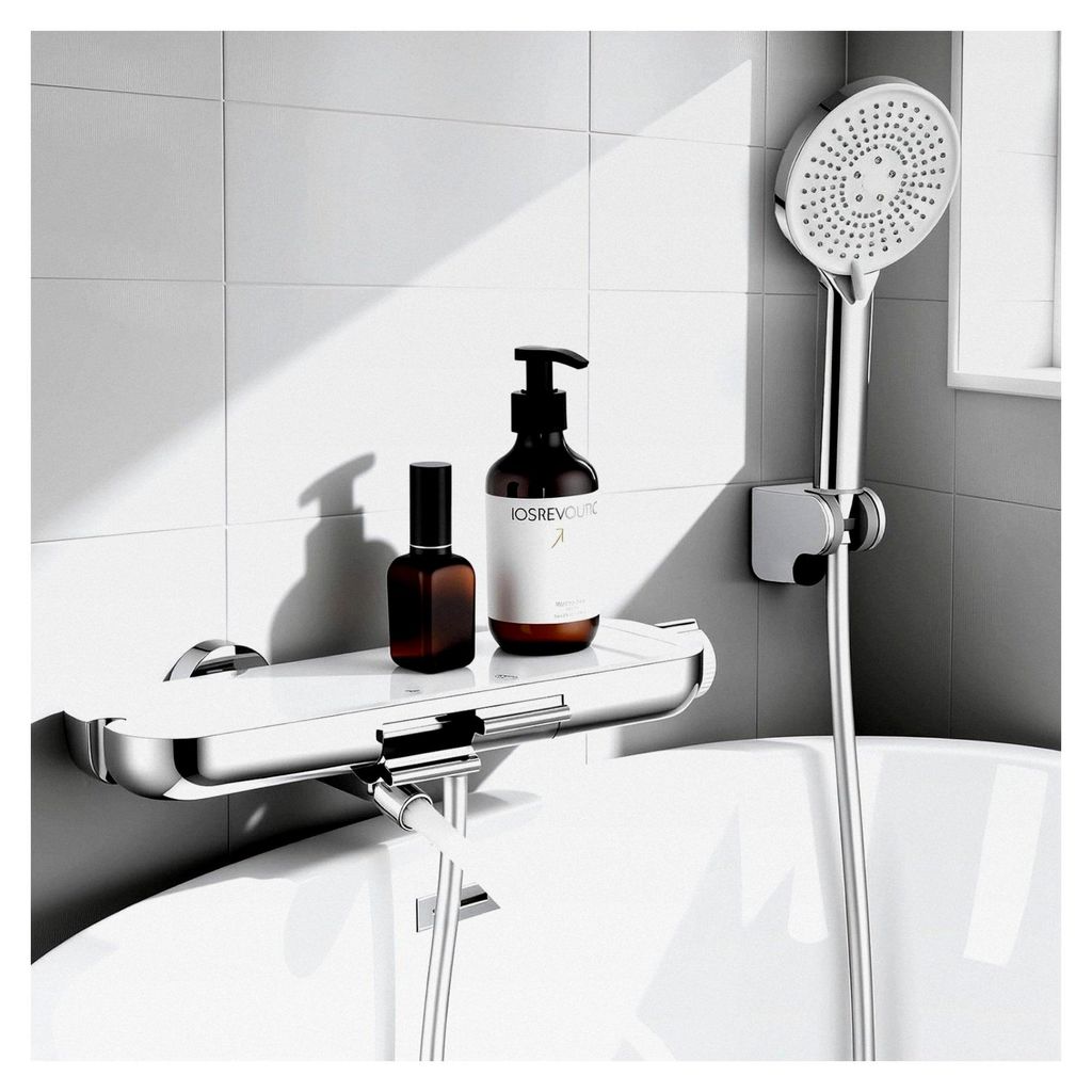 Badewannenarmatur mit Handbrause, 360° drehbarem Auslauf, Glasablage, 1,5 m PVC Schlauch, Mischbatterie zur Wandmontage