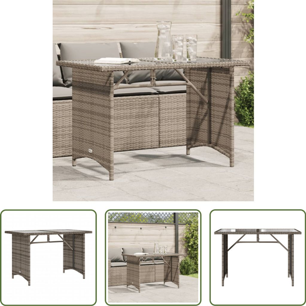 The Living Store Gartentisch mit Glasplatte Grau 110x68x70 cm Poly Rattan