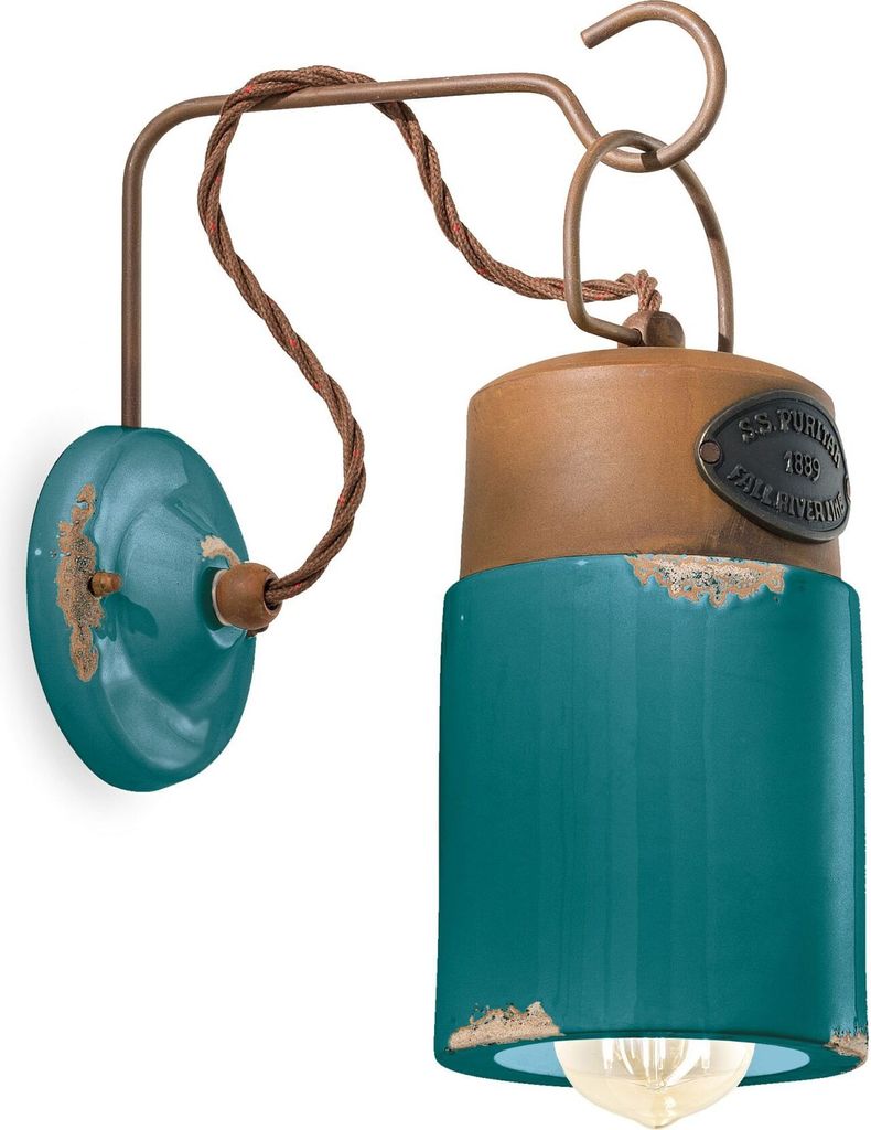 Wandlampe Metall Keramik E27 H: 33 cm Petrol Shabby Antik Rostbraun Vintage Design Keramiklampe