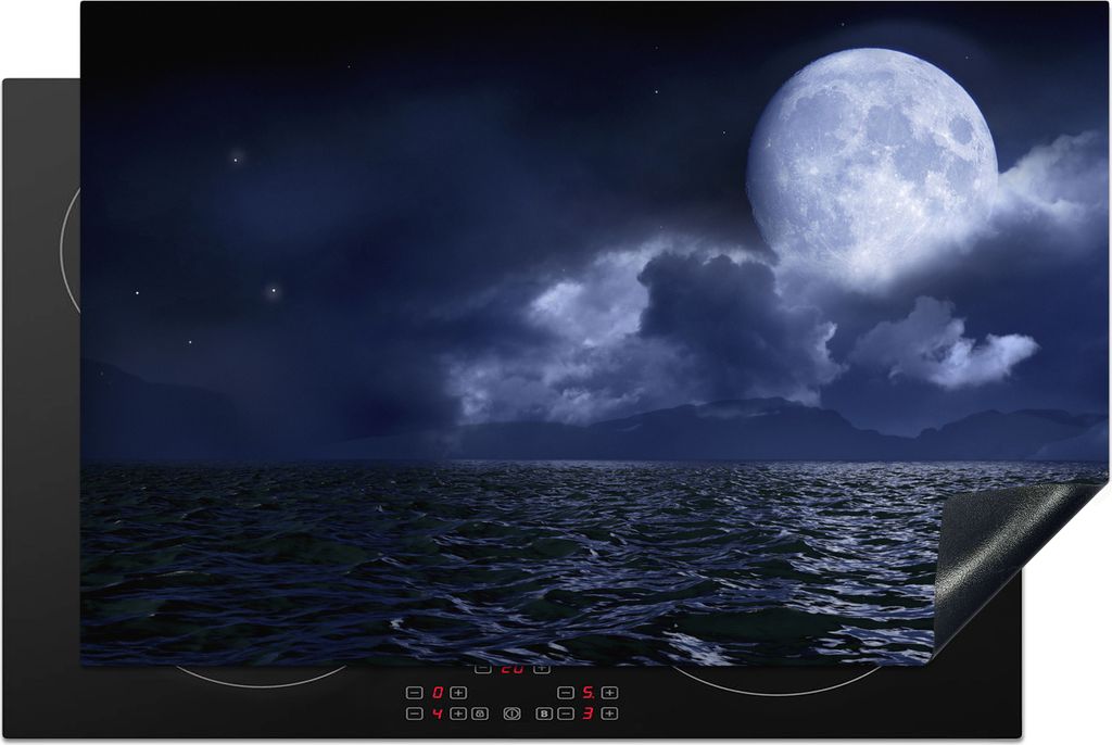 KitchenYeah Herdabdeckplatte Mond - Meer - Horizont , 80x52cm, Küche Deko, Glaskeramikfeld Herdabdeckung, Abdeckplatte fùr Kochfeld
