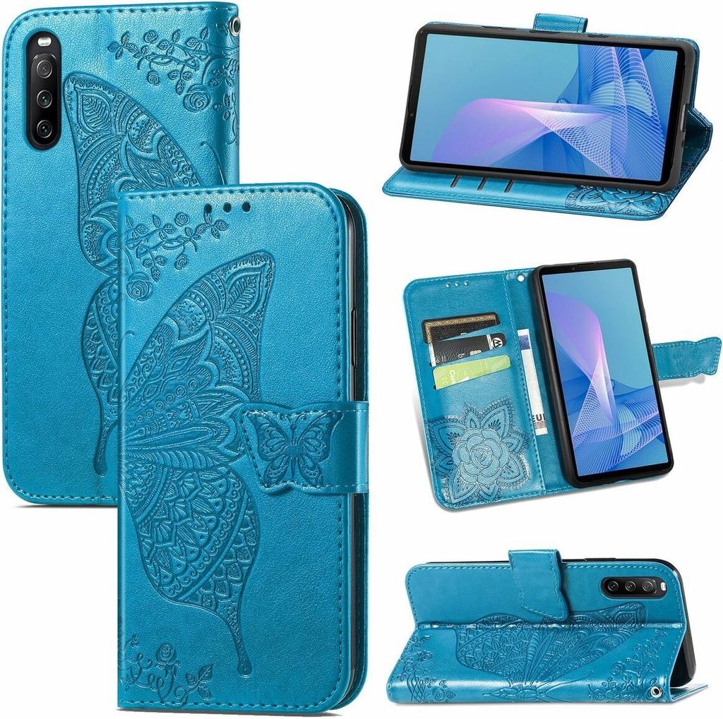 A collage of images showing a blue flip phone case with a butterfly design for a Sony Xperia 10 III.