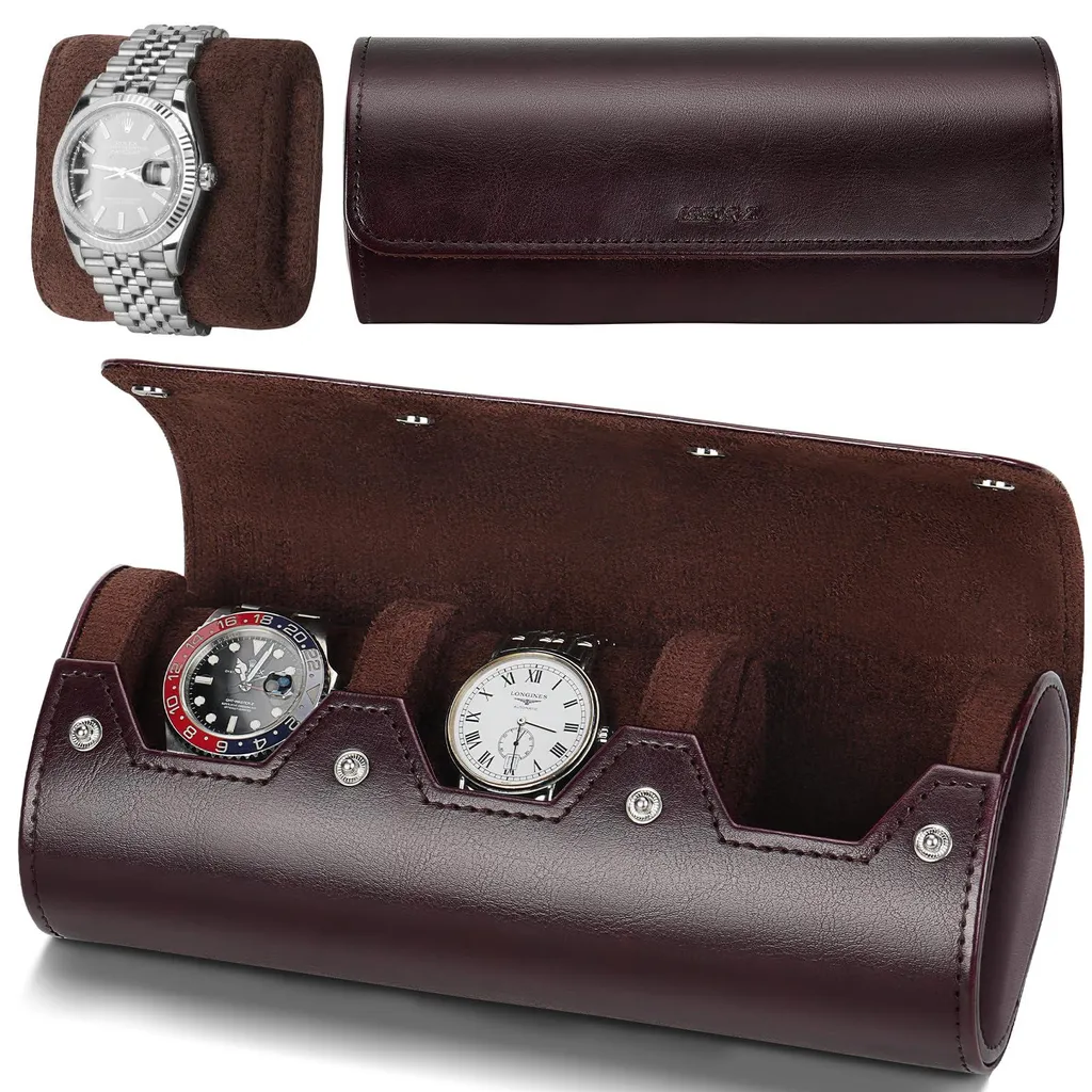 Trousse à montres portable pour voyager, étui 3 places en cuir marron