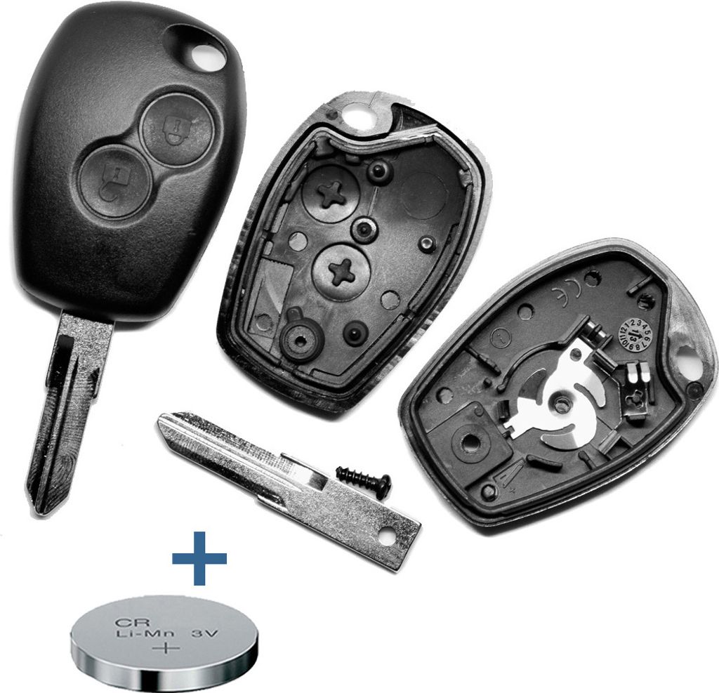 Auto Schlüssel Funk Fernbedienung 1x Gehäuse 2 Tasten + 1x Rohling VAC102 + 1x CR2016 Batterie + 1x Batteriespange kompatibel mit Renault/Dacia/Opel