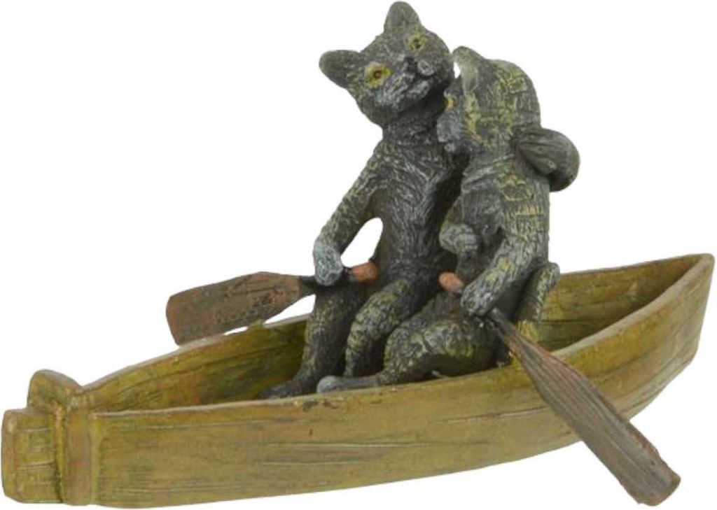 Bronzeskulptur Bronzefigur zwei Katzen in einem Ruderboot
