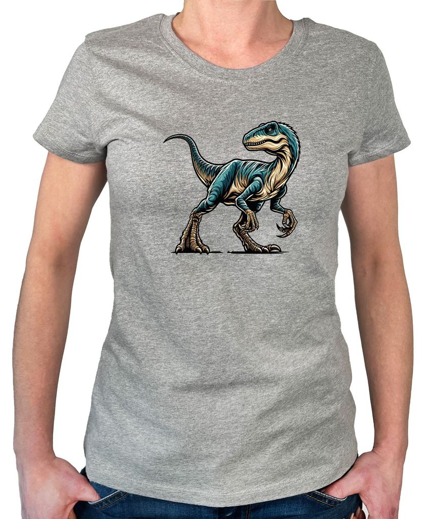 Huuraa Damen T-Shirt Velociraptor Dinosaurier XL Sport Grey Bio Baumwolle Fairtrade Damenshirt Geschenkidee