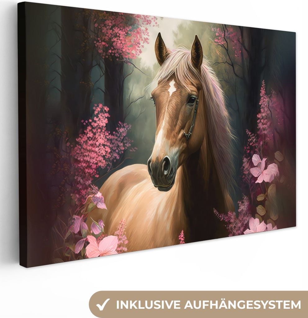 MuchoWow - Leinwandbilder - Pferd - Blumen - Rosa - Natur - Wald, Wandbild, Wanddeko Bilder Wohnzimmer, 60x40 cm