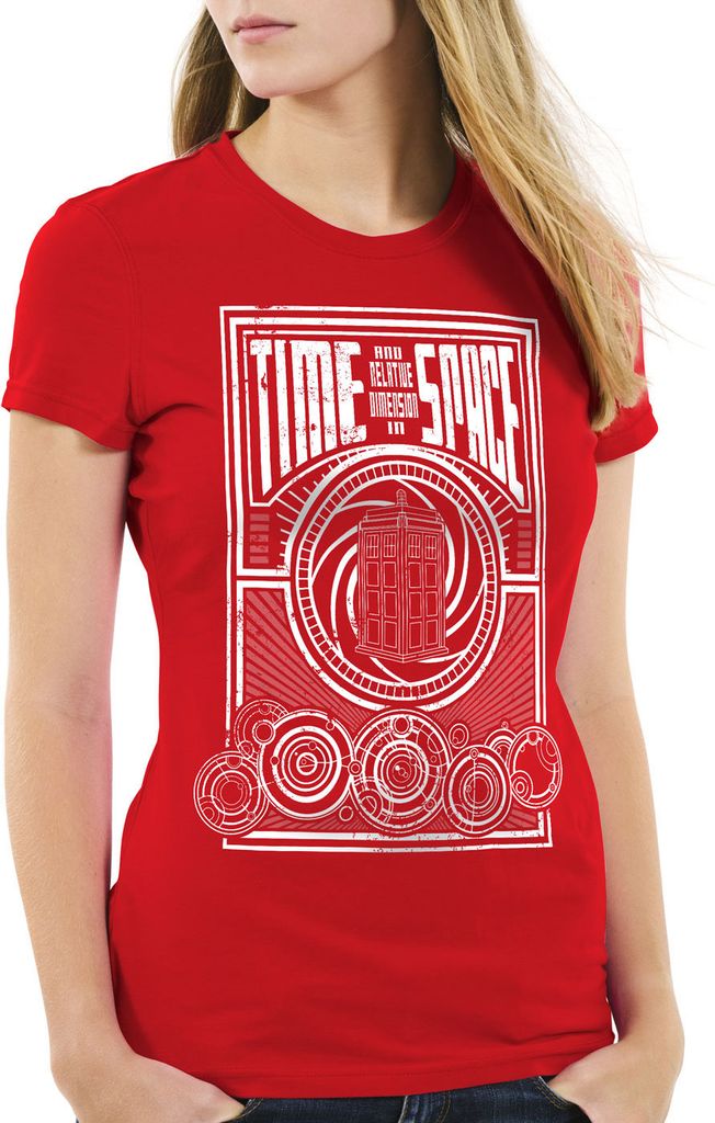 style3 Time meets Space Damen T-Shirt zeitreise timelord notrufzelle, Farbe:Rot, Größe:S