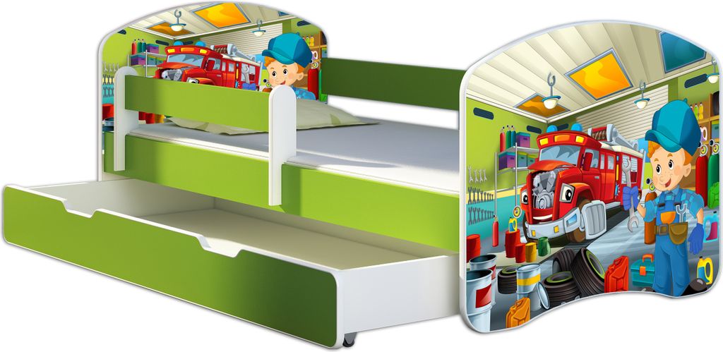 ACMA Jugendbett Kinderbett Junior-Bett Komplett-Set mit Matratze Lattenrost und Rausfallschutz Grün 45 Mechaniker 140x70 + Bettkasten