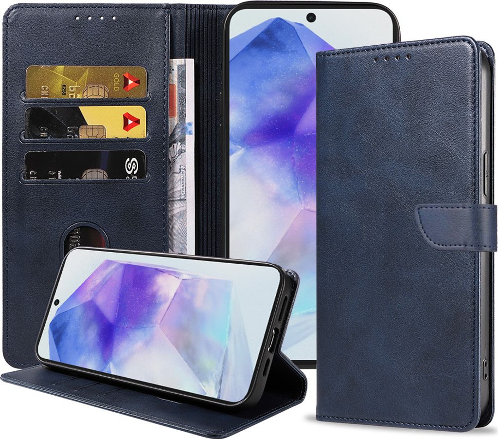 Passend für Samsung Galaxy A55 Handytasche Kunstleder mit magnetischer Lippe und Kartenhalter Buchhülle mit Klappe - Blau - Smartphonics