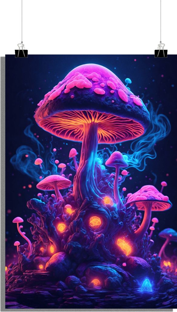 Pilze Poster - Neon Poster - Pflanzen Poster - Rauch Poster - Trip Poster - 61x91cm - Perfekt zum Einrahmen