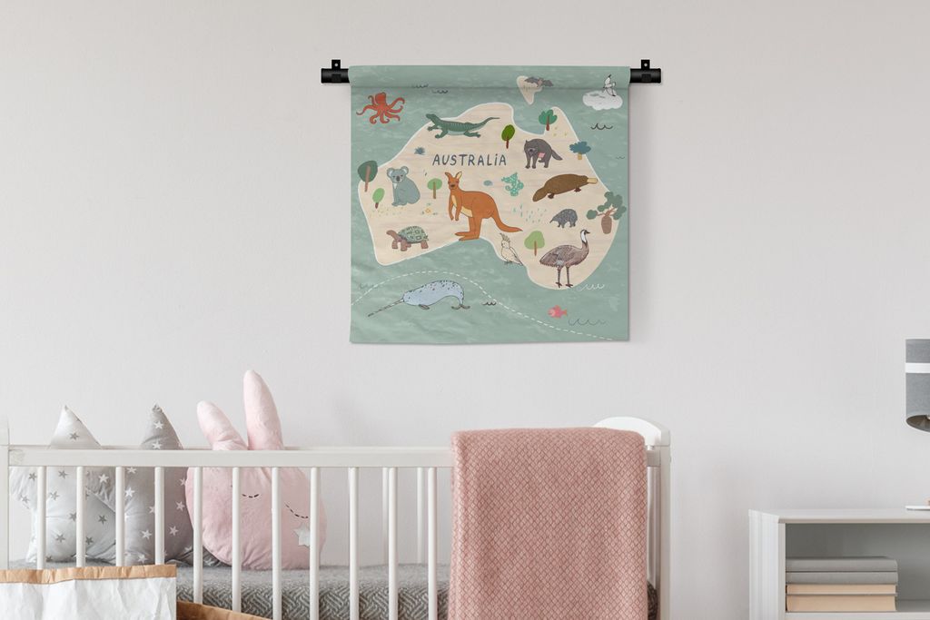 MuchoWow Wandteppich Wandbehang Weltkarte Kinder - Tiere - Australien - Jungen - Blau - Kinder 60x60 cm Tapisserie Dekoration Wandtuch - Dekorati...