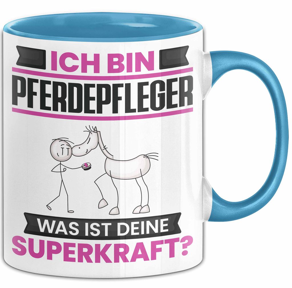 Pferdepfleger Tasse Geschenk für Pferdepfleger Geburtstag Lustiger Spruch Kaffee-Becher Was Ist Deine Superkraft (Blau)