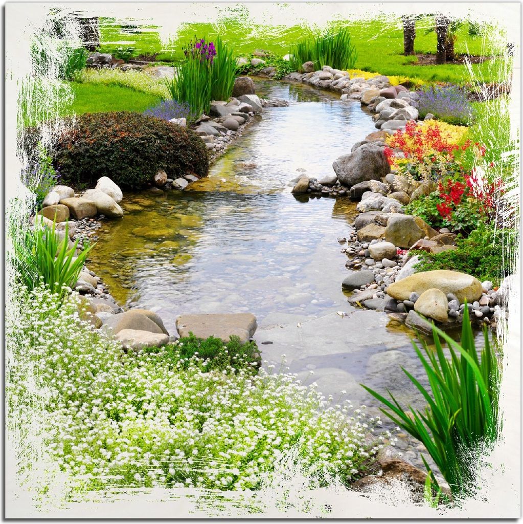 Kunstdrucke Wandbilder Holz in : Brillante Farben, Größe 50 x 50 cm Motiv Blumen am Teich