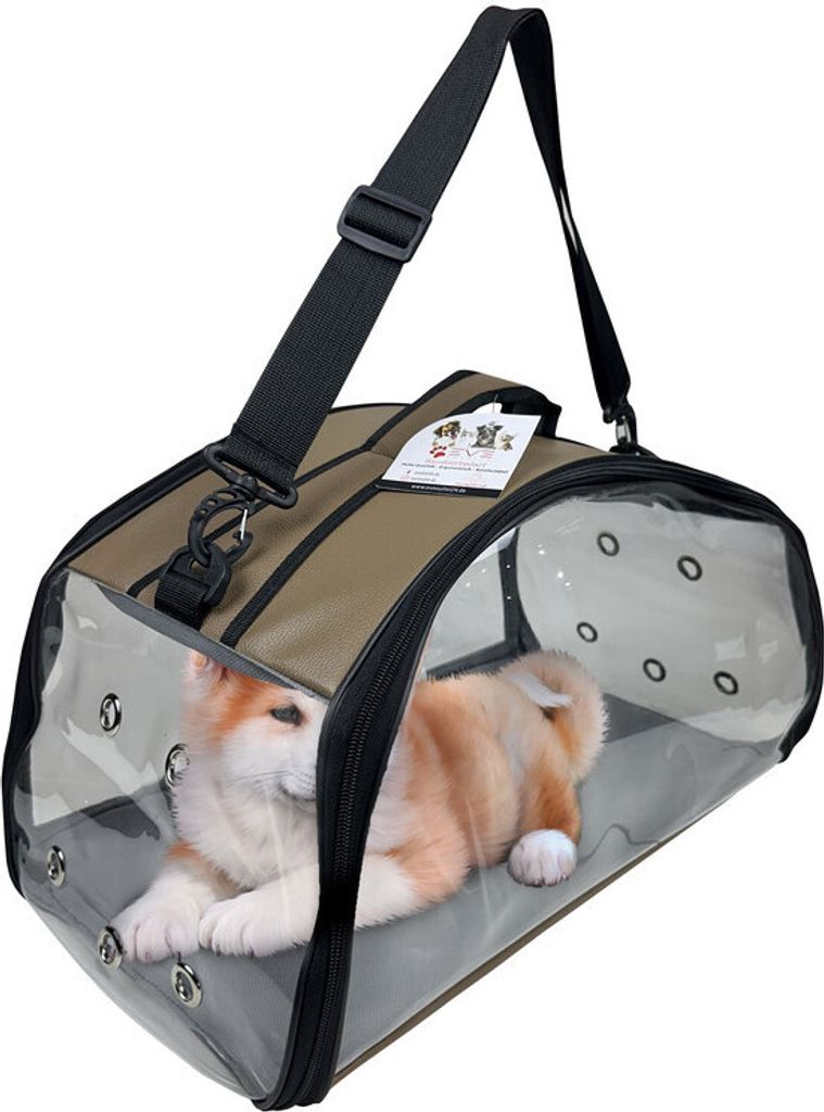EVE Textile Hunde Katzen Haustier Tragetasche 47x30x30 cm Braun Transparent Umhängetasche Handtasche Faltbar zugelassen von Fluggesellschaften