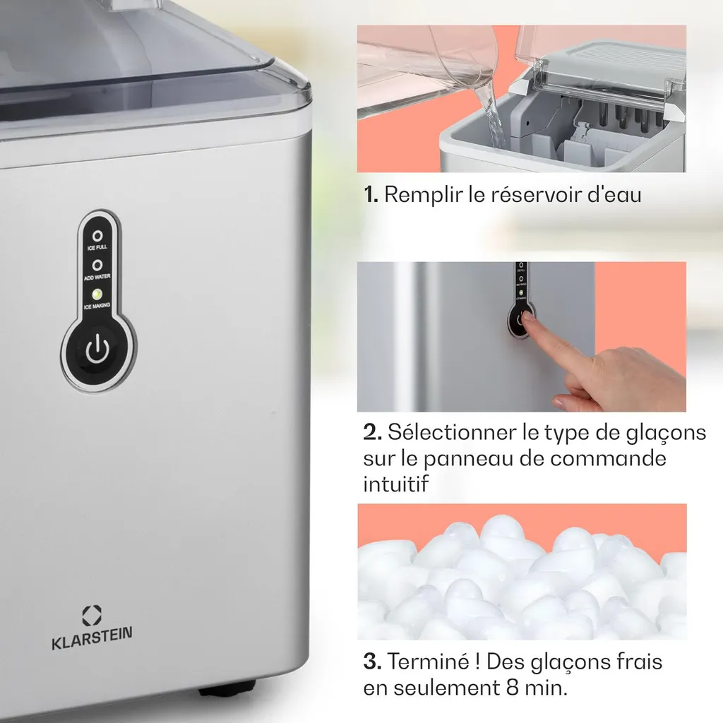 Klarstein Machine à Glaçons 1,5L - Machine à Glace Express 12kg par Jour