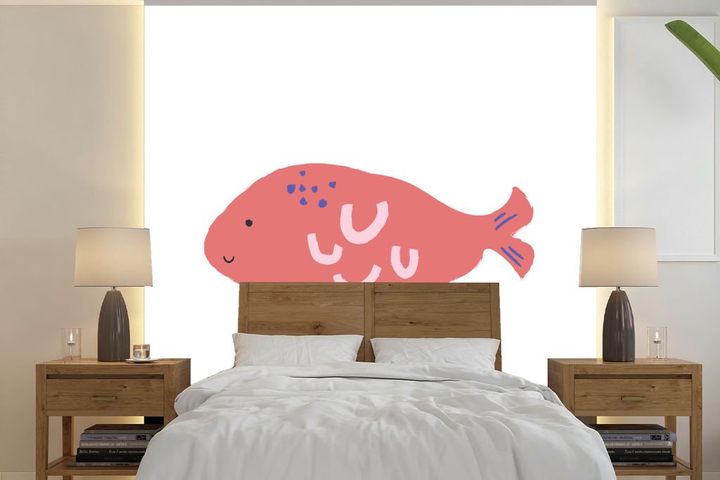 MuchoWow Fototapete für Wohnzimmer oder Schlafzimmer Wandtapete Vinyl Motivtapete Pastell - Fisch - Rosa - 240x240 cm - Schlafzimmer-Tapete