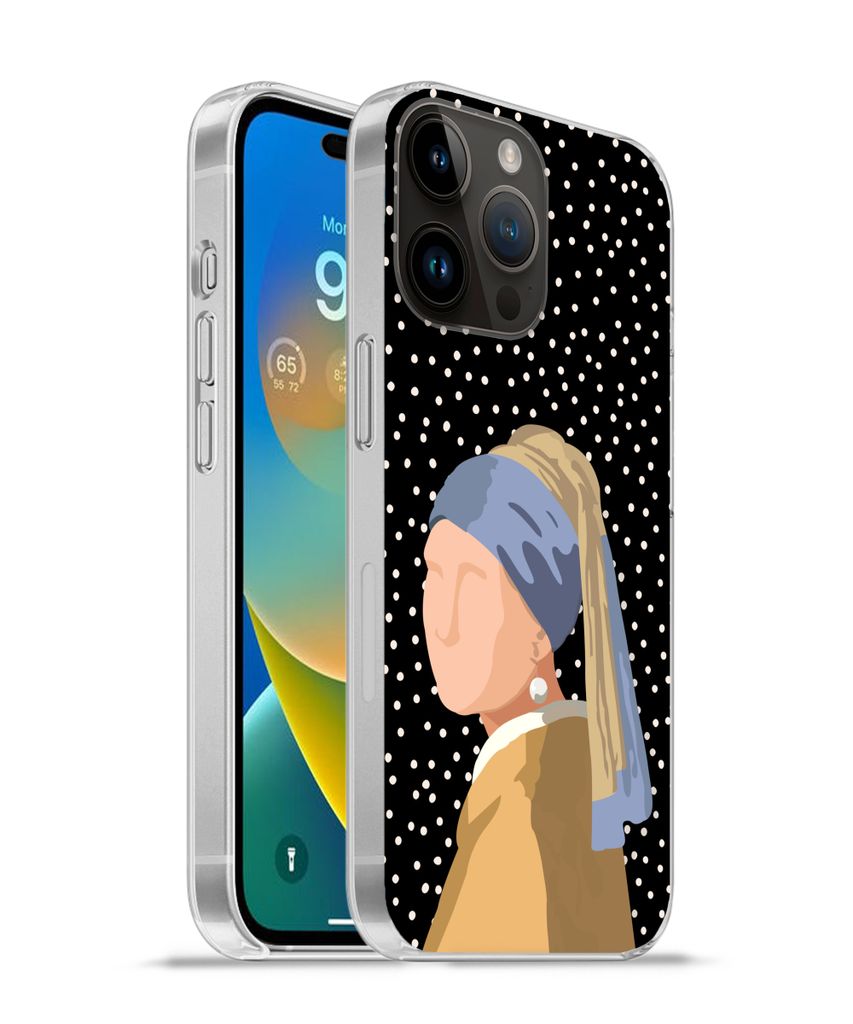 MuchoWow Handyhülle Schutzhülle Hülle für Apple iPhone 14 Pro Max Alte Meister - Mädchen mit Perlenohrring - Tupfen - Schwarz Silikon Softca...