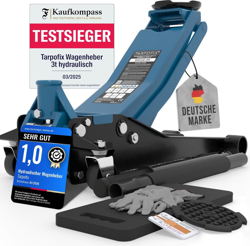 Tarpofix Wagenheber 3T hydraulisch – Rangierwagenheber flach für Auto & SUV, Hubhöhe 85 - 475 mm, inkl. Gummiauflage & Handschuhe