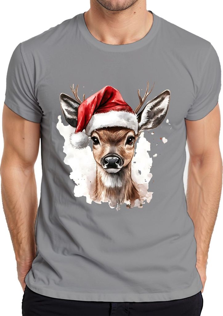 Rehkitz Santa Hut Weihnachten Aquarell festlich Geschenk Retro Herren T-Shirt, Grau, 3XL