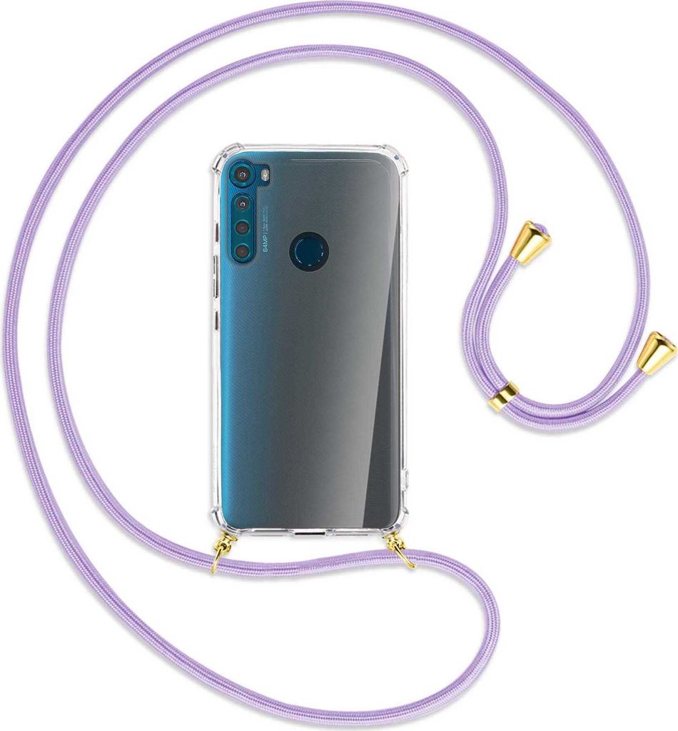 Handykette Backcover-Schutzhülle mit Band (Metall goldfarben) für Motorola One Fusion Plus - violett