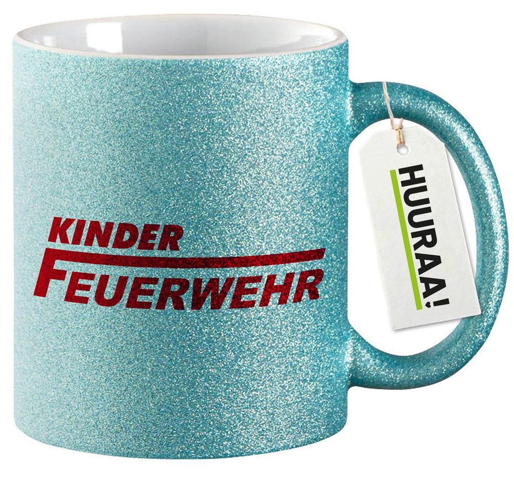 Huuraa Glitzertasse Kinder Feuerwehr Schriftzug 330ml Blau Keramik Kaffeebecher Geschenkidee