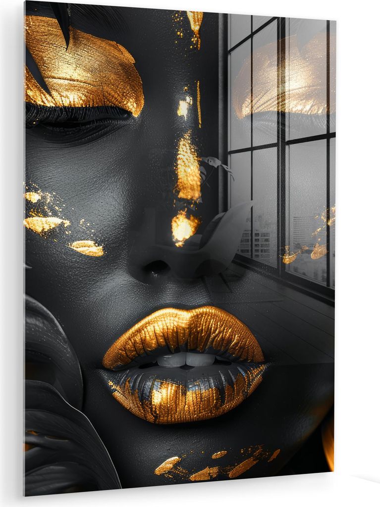 MuchoWow Glasbilder - Bilder auf Wandbild - Foto auf Glas Frau - Gold - Natur - Porträt - Modern 60x80 cm Wanddekoration aus Glas - Acrylglasbild ...