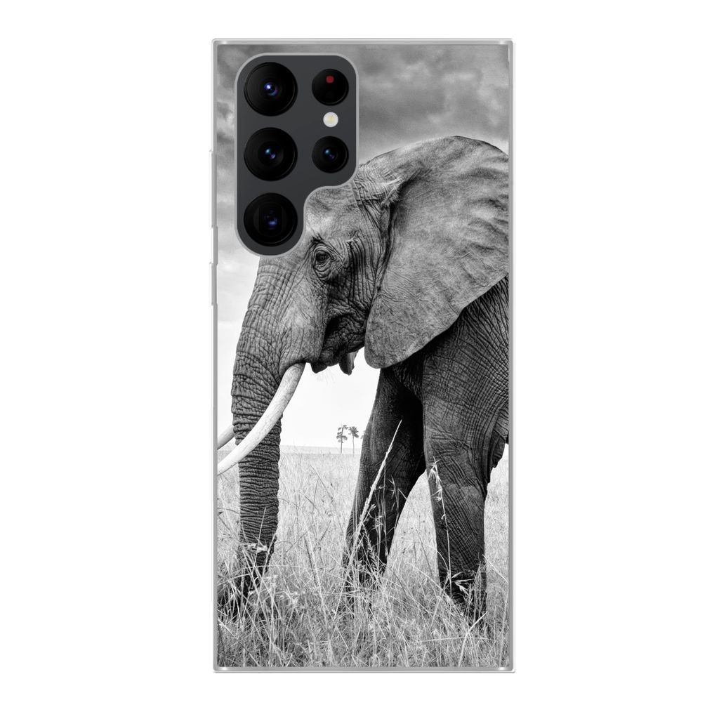 MuchoWow Handyhülle Schutzhülle Hülle für Samsung Galaxy S22 Ultra Elefant - Gras - Tiere - Schwarz und weiß Silikon Softcase Handy Hülle -...