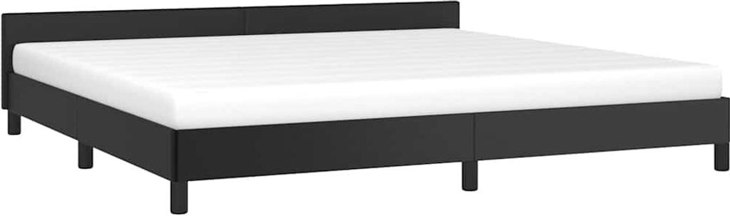 A black bed frame with a white mattress on a white background.