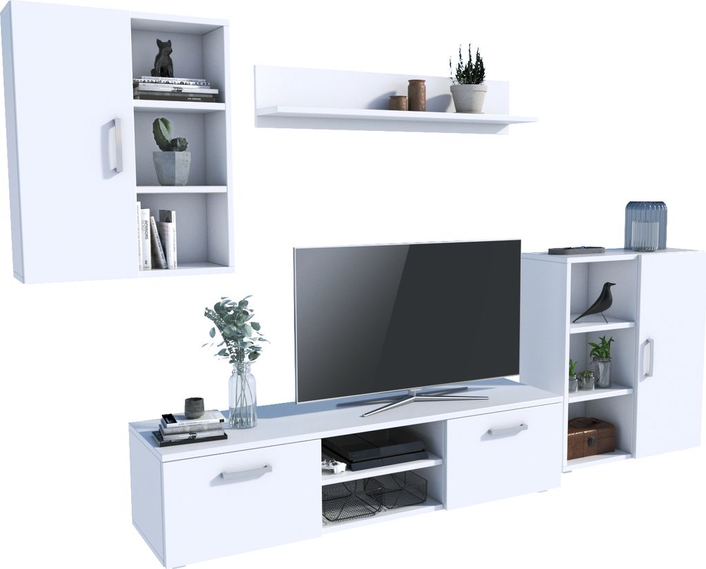 MATKAM Wohnwand Dedal 4-teilig aus laminierte Platte 18 mm, 1 Hängeschrank H 75 x B 60 x T 23 cm, Fernsehschrank H 35 x B 140 x T 40 cm, Kommode H...