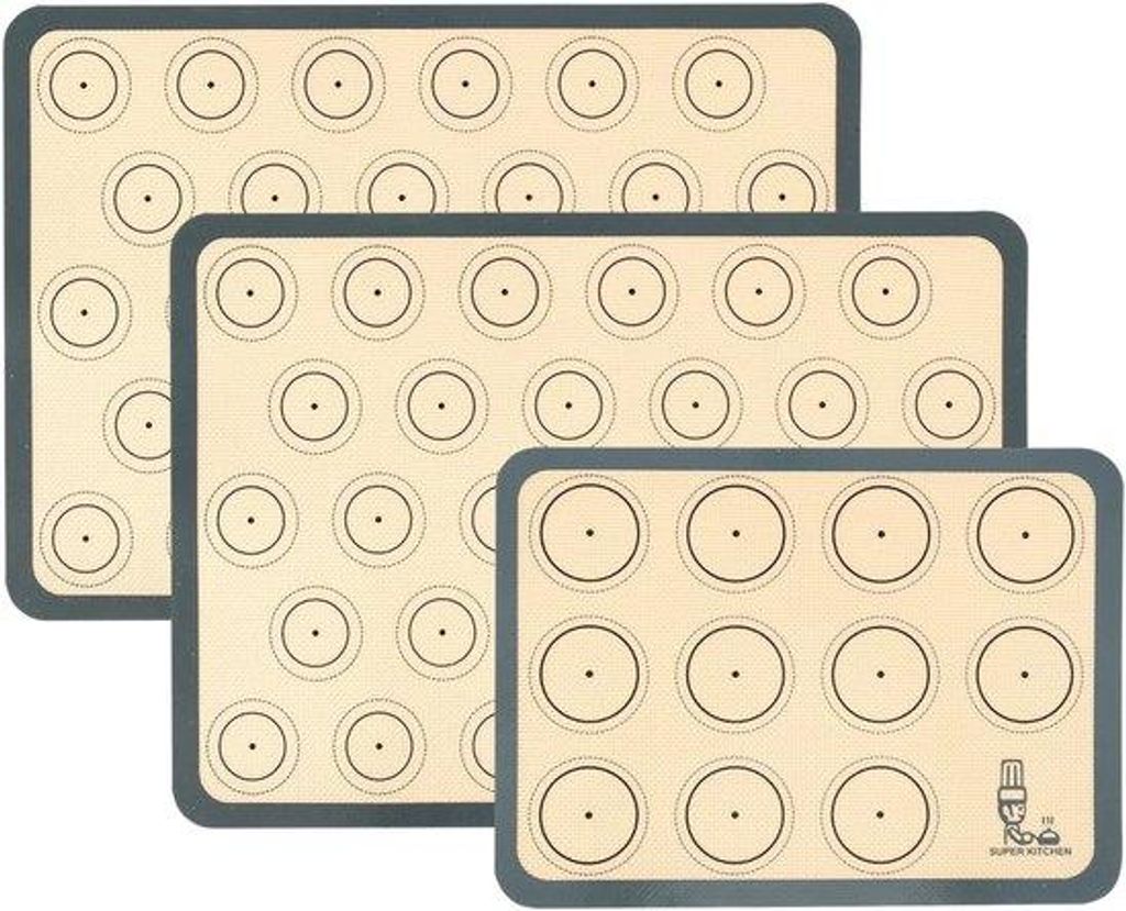 Silikon Backunterlage für Makromousse-Torte - Set von 3 - Grau - Antihaft-Backunterlage für Makromousse, Brötchen, Pizza - 42 x 30 cm