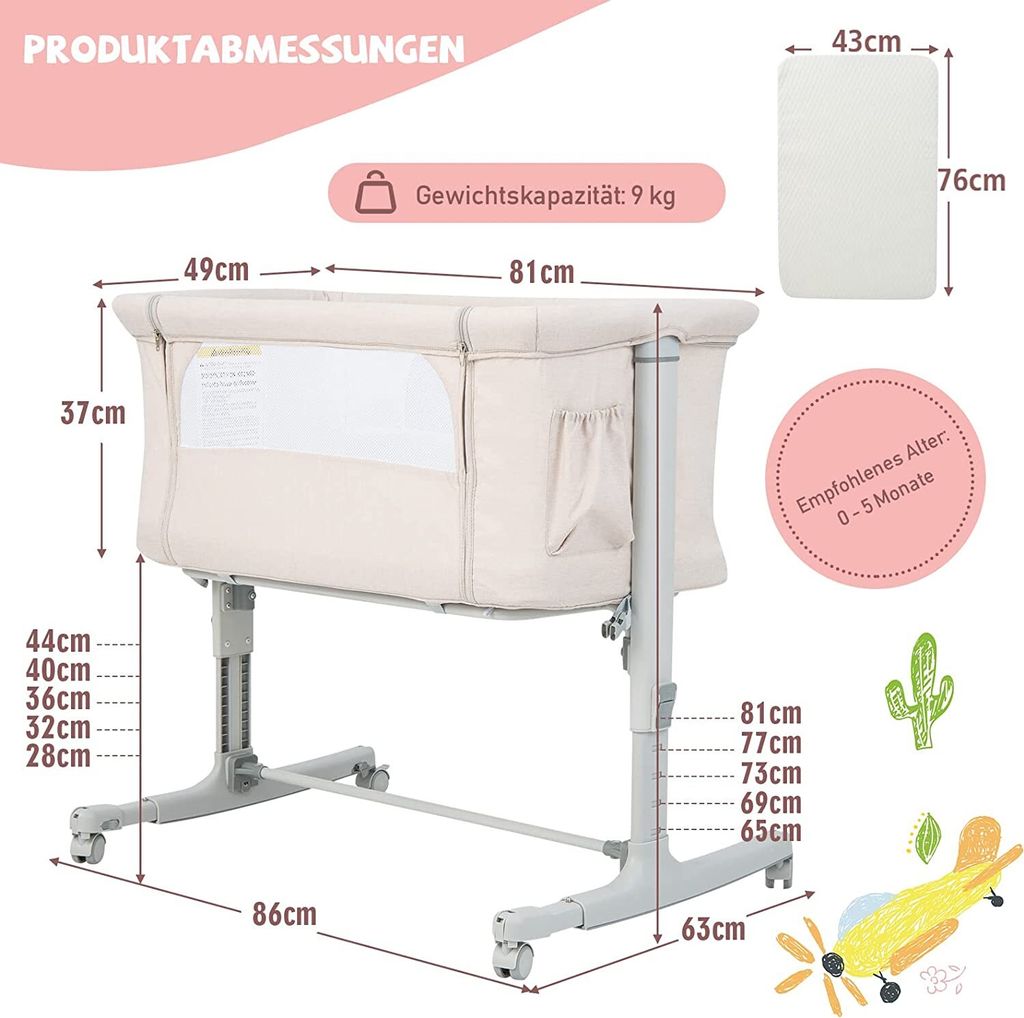 COSTWAY 3 in 1 Beistellbett & Babywiege & Reisebett, Produktbild 5