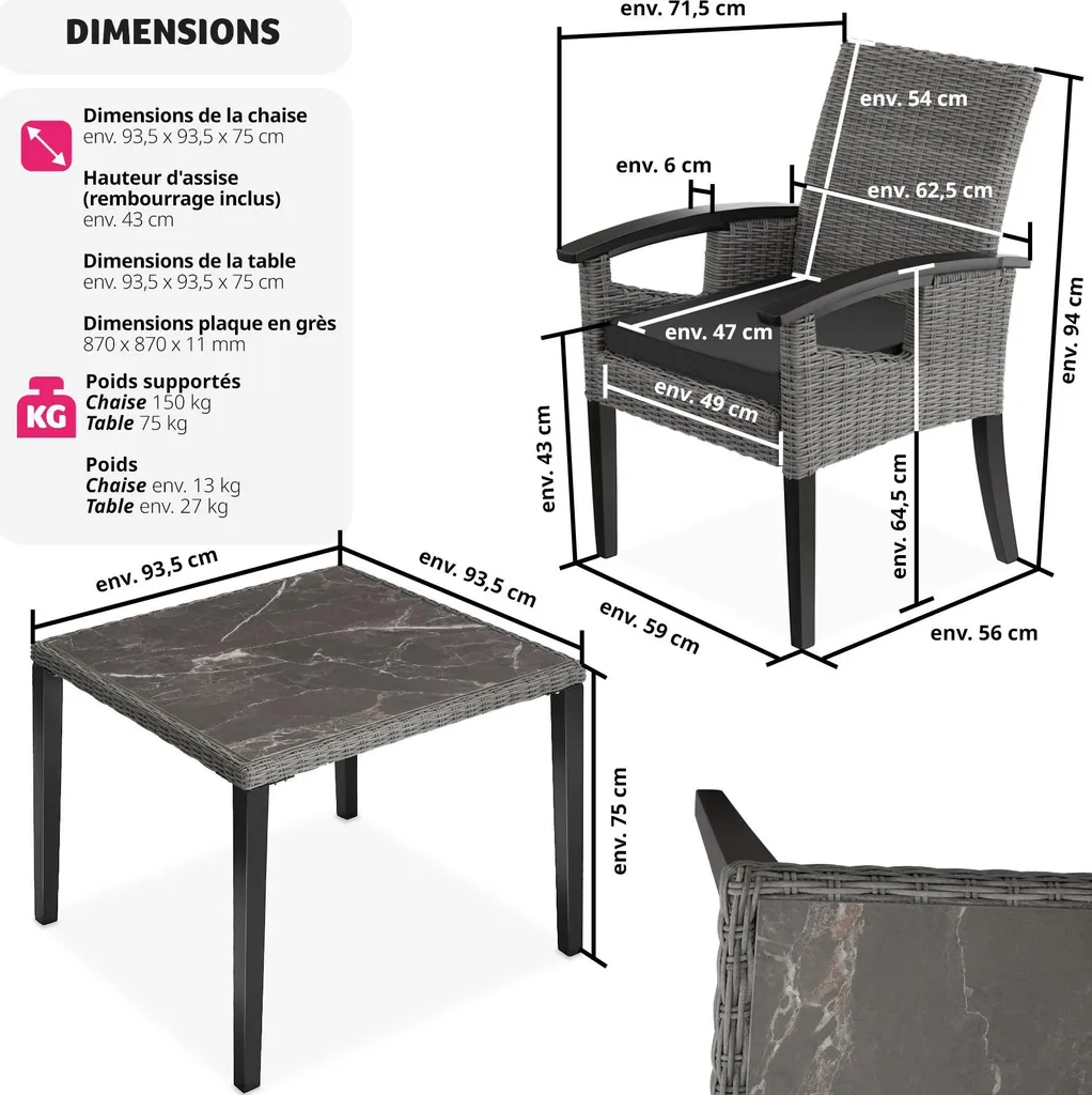 Table rotin Tarent et 4 chaises Rosarno gris résistant aux intempéries - 6
