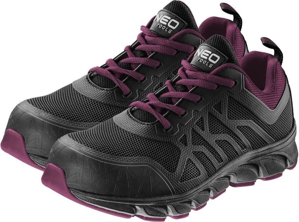 A pair of black and purple safety shoes.