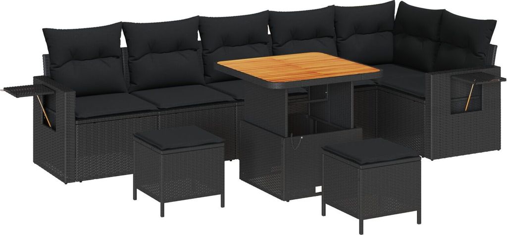 9-teiliges Garten-Sofaset mit Kissen Schwarz Poly-Rattan Akazie, 3-teiliges Garten-Ess-Set mit Kissen Schwarz Poly-Rattan Akazie, Gartensofas Desig...