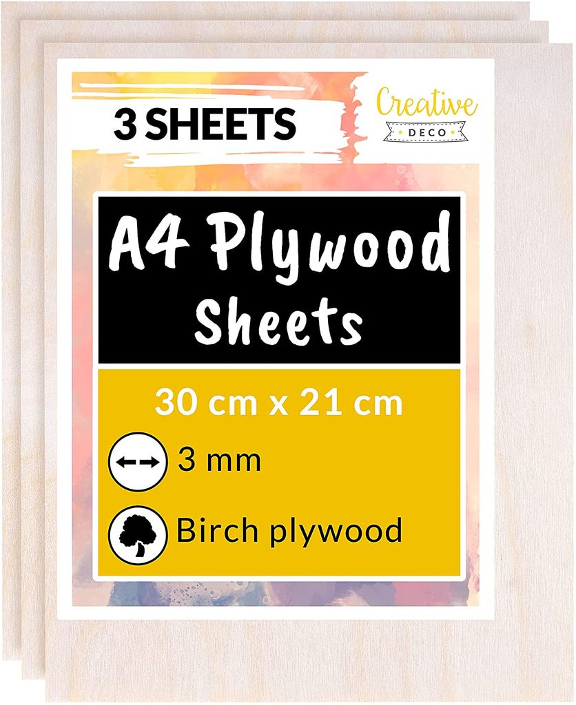 Creative Deco 3 x A4 Holz-Platte | 300 x 210 x 3 ( +/- 0,5 ) mm | Dünne Sperrholz-Zuschnitte | Perfektes Blatt für Laubsäge, Brandmalerei, Laser...
