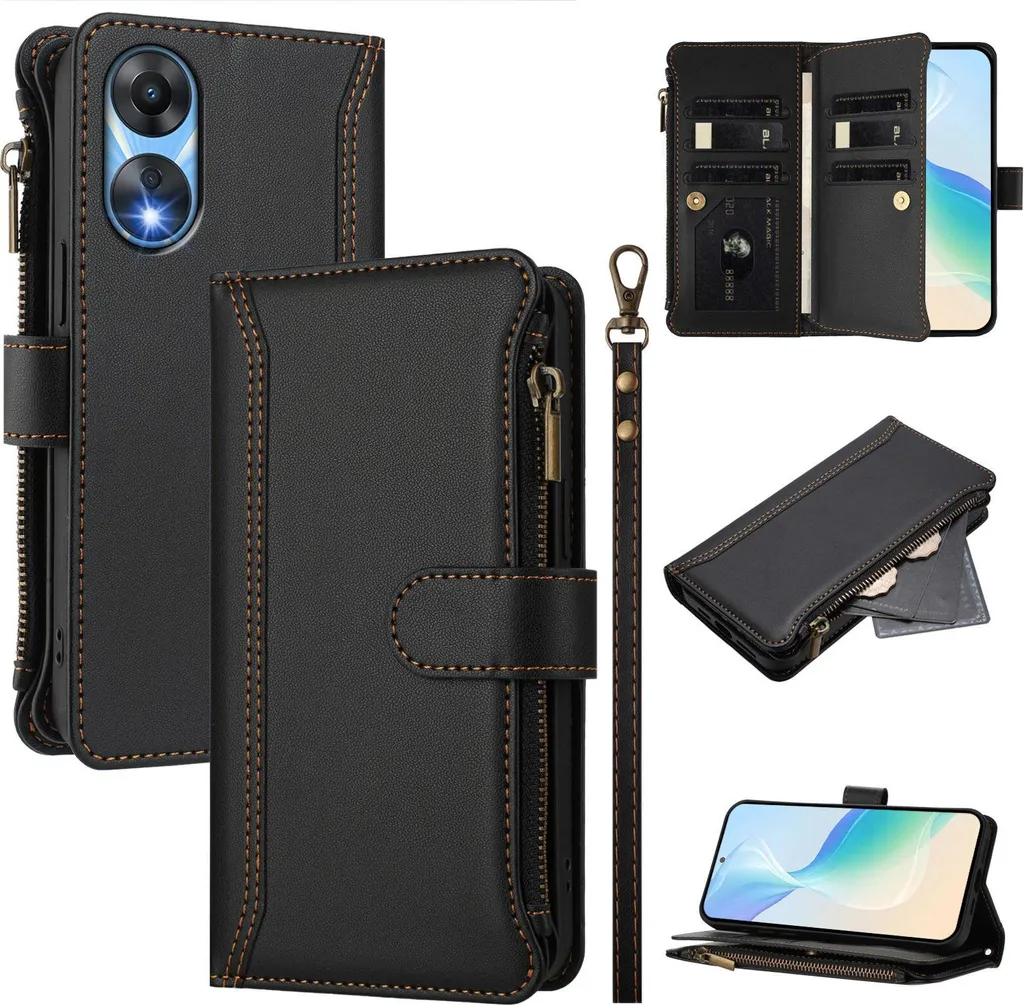 Custodia per Oppo A78 5G, con cerniera, portafoglio in Finto cuoio con tasche per carte, supporto e passante nero