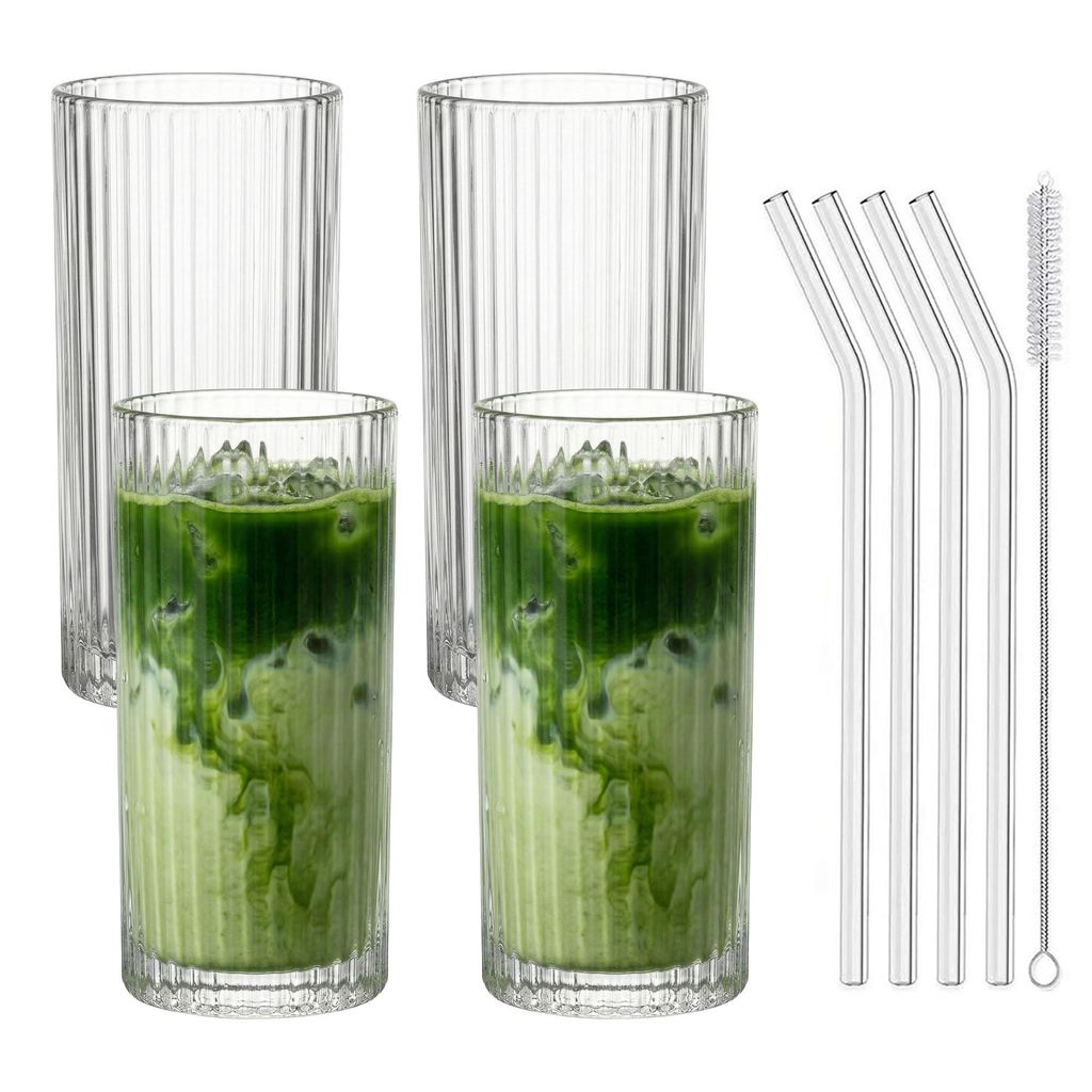 4er Set Geriffelte Trinkgläser 370ml inkl. Glashalme und Reinigungsbürstchen - ideal für Iced Matcha Latte, Latte Macchiato, Smoothies, Cocktails